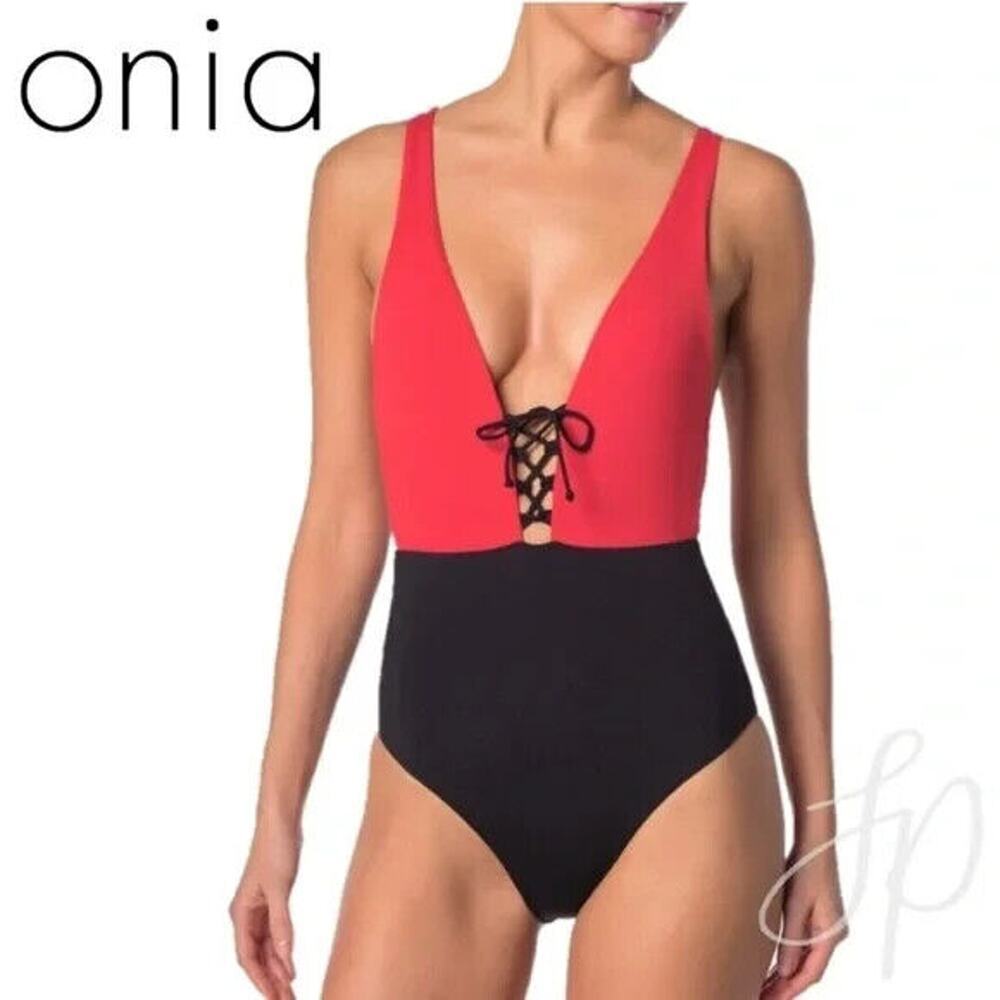 Onia Iona Santa Fe Red Black Colorblock One Piece Swimsuit NEW Size XS $175